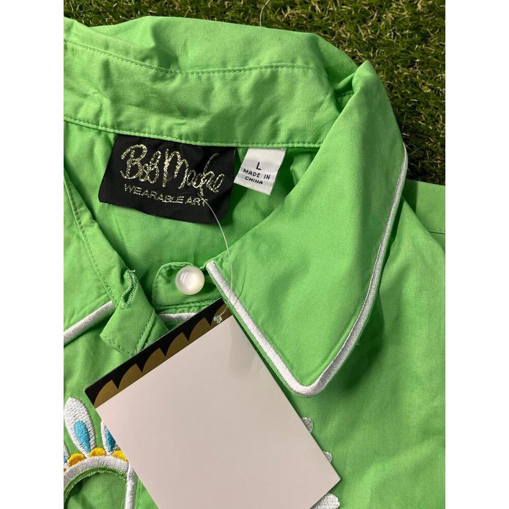 Bob Mackie ARt 2 Wear Green Short Sleeve Button-Up Shirt with Daisy Embroidery - Picture 11 of 13